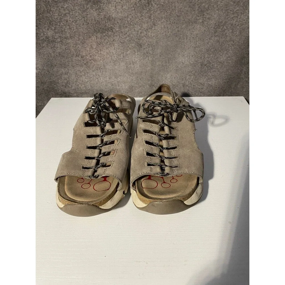 Bionica Women's 8M Grey Leather Bungee Lace Up Cage Sandals Comfort